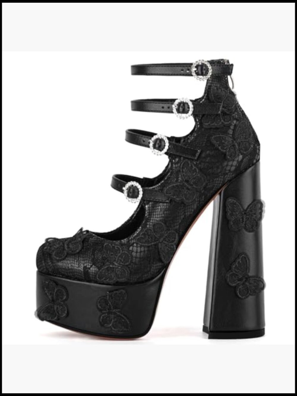 Platform Chunky Heels Lace Butterfly Square Toe Mary-Jane Ankle Strap Pumps - Picture 4 of 7
